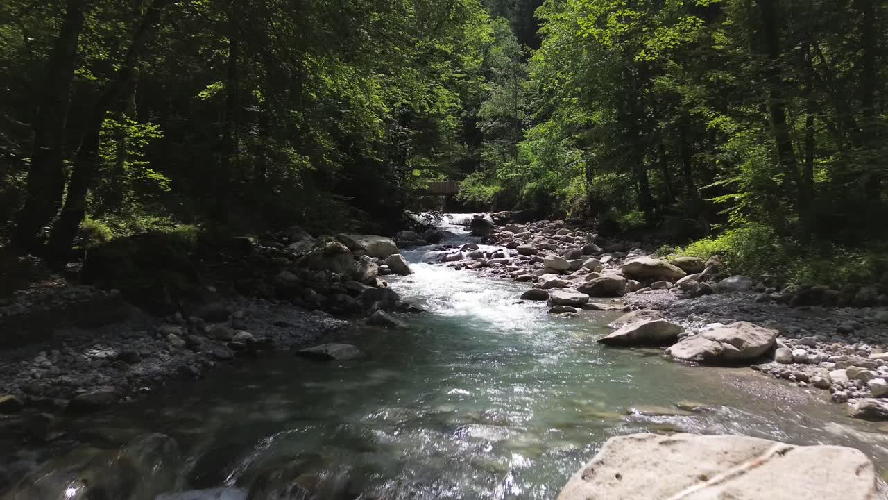 Vista aerea di un fiume di montagna limpido color turchese circondato da foresta in Austria, Europa.