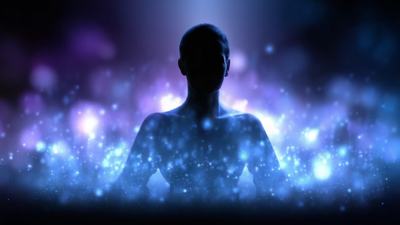 Uma silhueta serena cercada por luzes etéreas e partículas brilhantes, capturando a essência da calma e da reflexão espiritual em uma atmosfera de sonho