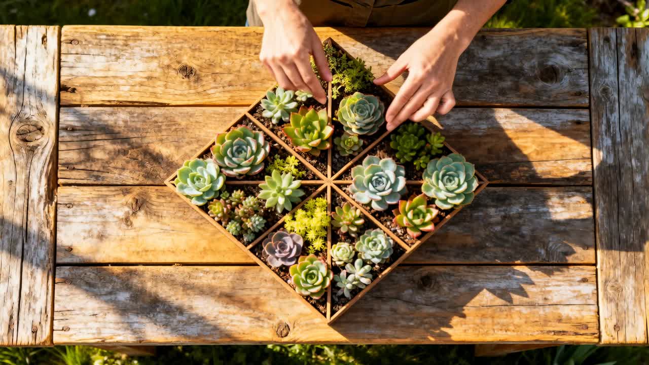 Fioriera con mani sospese che iniziano a disporre, mani che sollevano le piante al centro per migliorare l'equilibrio.