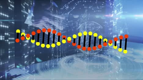 Animation-Der-DNA-über-Einem-Kaukasischen-Geschäftsmann,-Der-Die-Digitale-Touchscreen-Schnittstelle-Vor-Dem-Serverraum-Nutzt