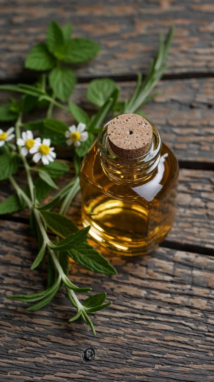 Top-down view of a small glass bottle with cork, surrounded by herbs on rustic wood