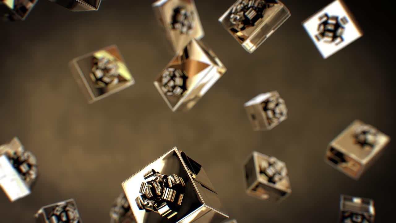 золотые подарочные коробки движутся беспрепятственно. рождественский фон. роскошный стиль праздничной концепции. падающий золотой новогодний подарочный коробки на темном фоне. праздничная петля 3d анимации.