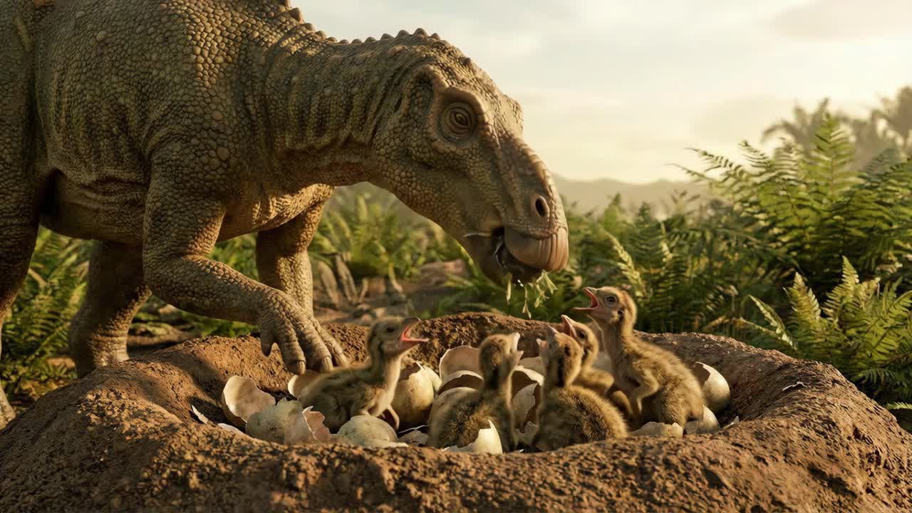 Famiglia di dinosauri che escono dall'uovo