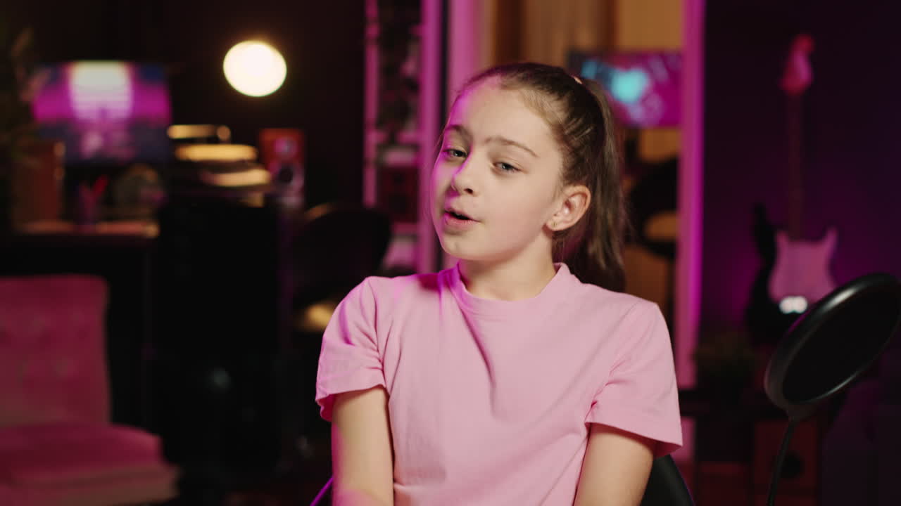 Charming young girl shooting video for social media platform in living room