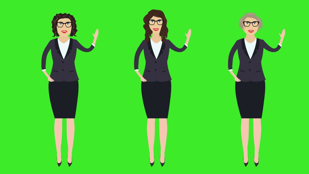 세 개의 비즈니스 여성 세트, 인사, 손으로 환영 제스처, 만화 애니메이션, 녹색 화면 크로마 키