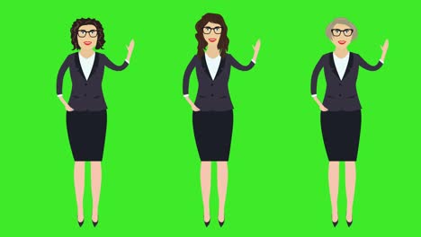 set of 3 business women, hello welcoming gesturing by hand, cartoon animation, green screen chroma key