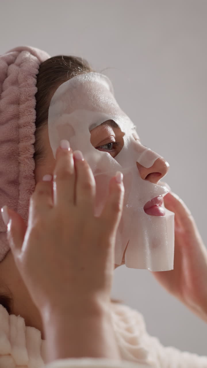 la mujer aplica una máscara facial a la cara en el baño. la mujer morena se relaja haciendo tratamientos de belleza usando una máscara cosmética en la ducha en cámara lenta