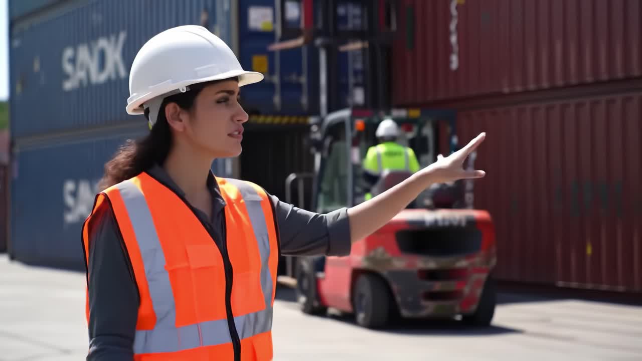 Focused and Determined: A Young Female Professional Overseeing Container Operations in a Busy Industrial Port Environment
