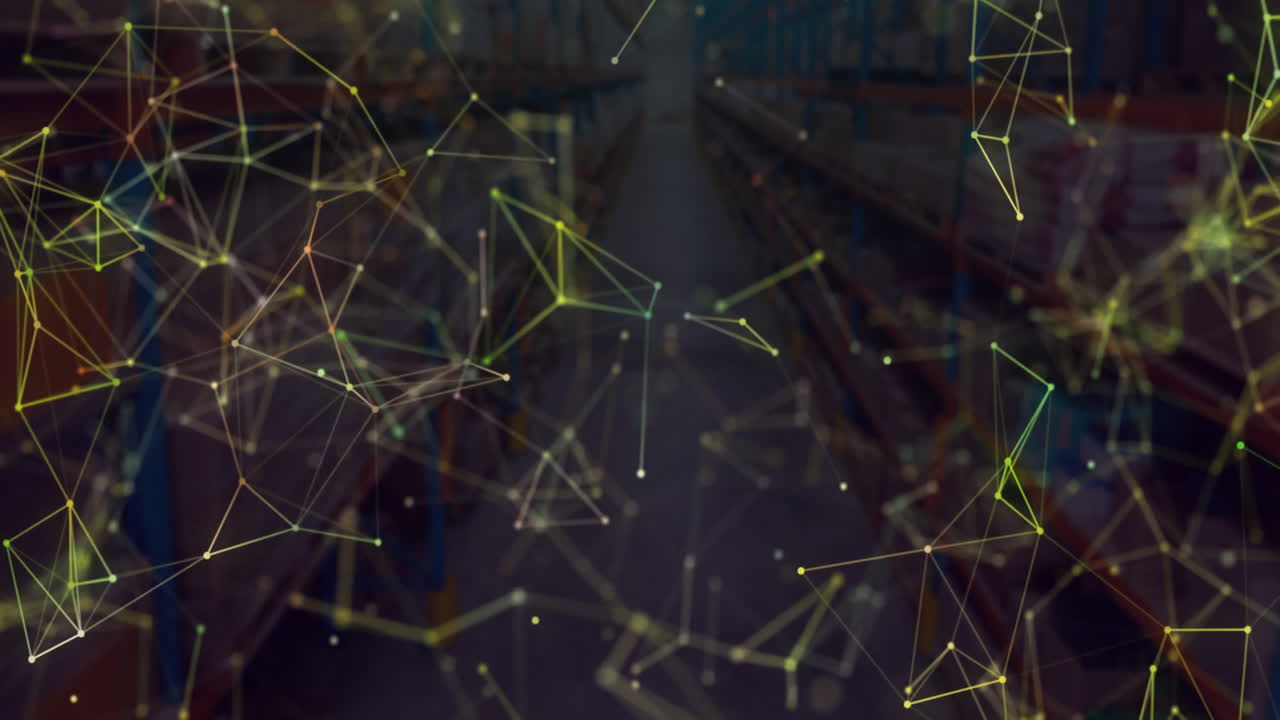 Animation of yellow shapes moving over warehouse