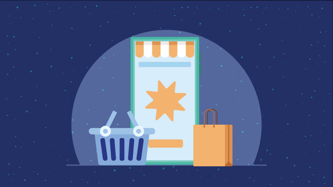 전자 상거래 애니메이션을 가진 스마트폰 장치