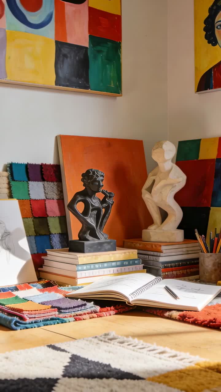 Vertical video: Panning camera revealing desk still life at studio, showing notebook, pen and busts