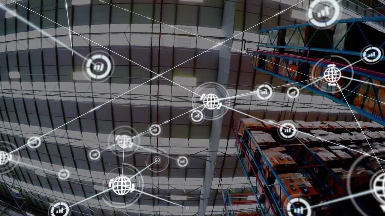 animación de la red de conexiones con iconos sobre el almacén