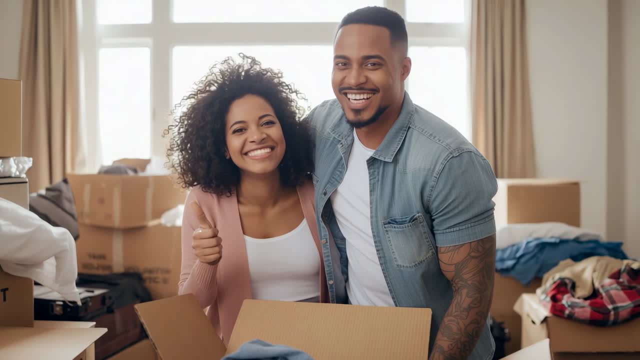 Opening KOSTT box, smiling couple pulling sweater and inspecting garments in new home, embracing