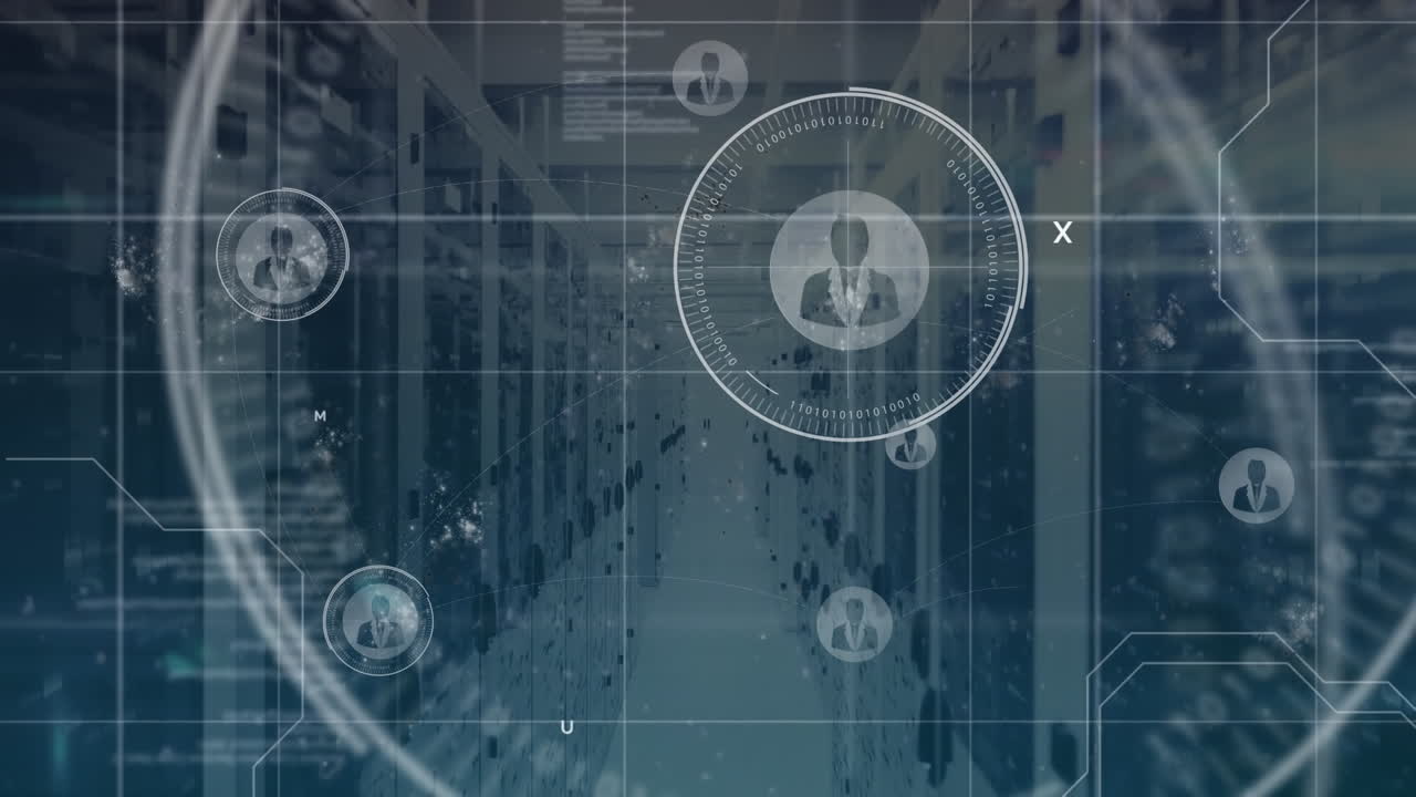 Animation of pulsating profile icons and data processing against computer server room