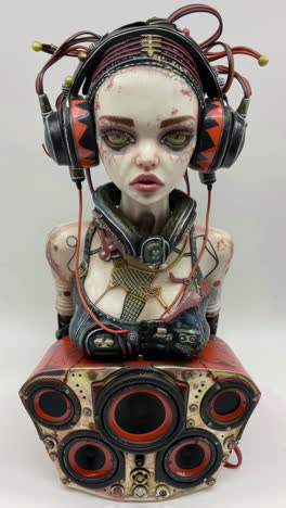 muñecas estatuas femeninas de porcelana con altavoces de audio y auriculares hechos con ai