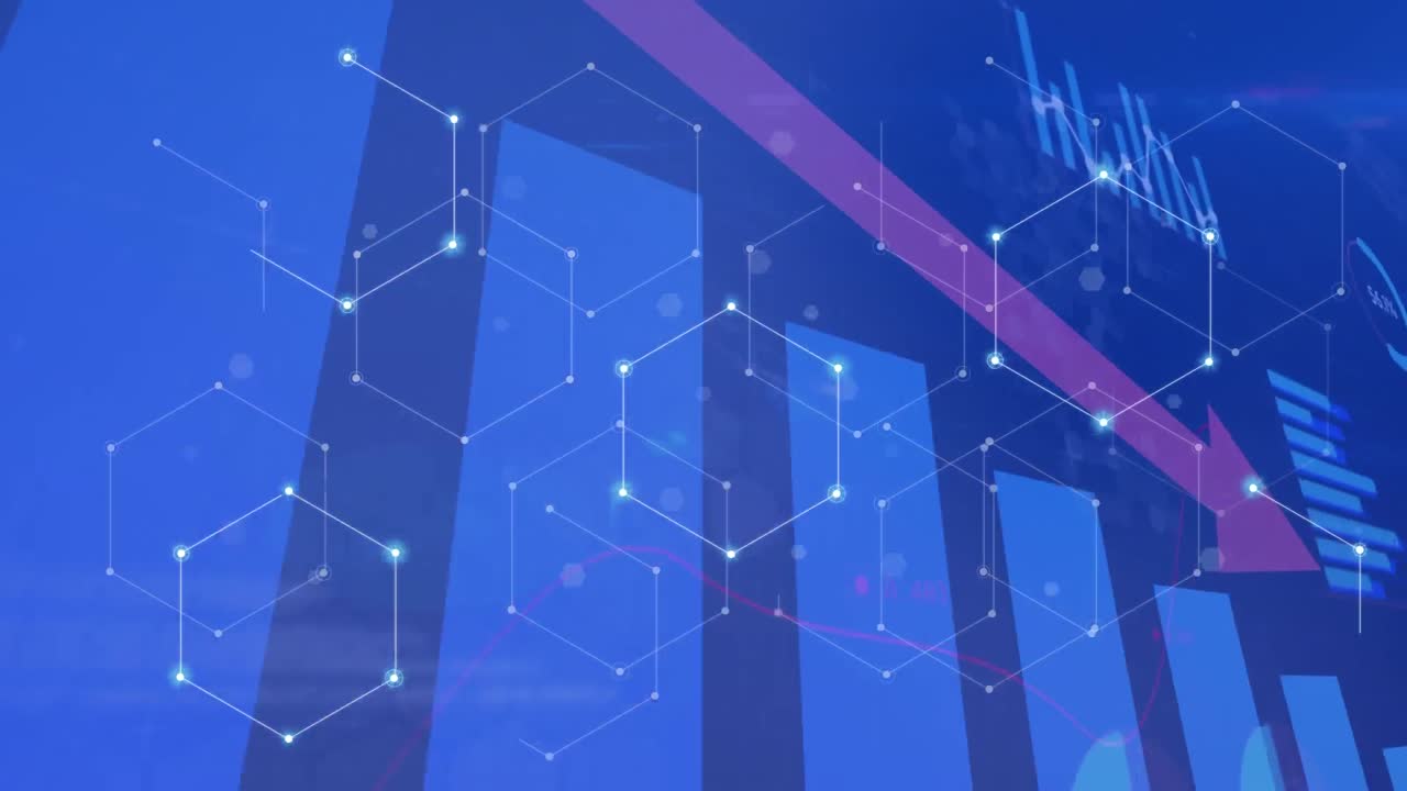 Animation of hexagonal shapes over statistical data processing against blue background