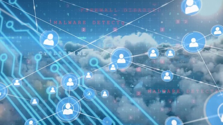 Animation of network of connections with icons and data processing over sky with clouds
