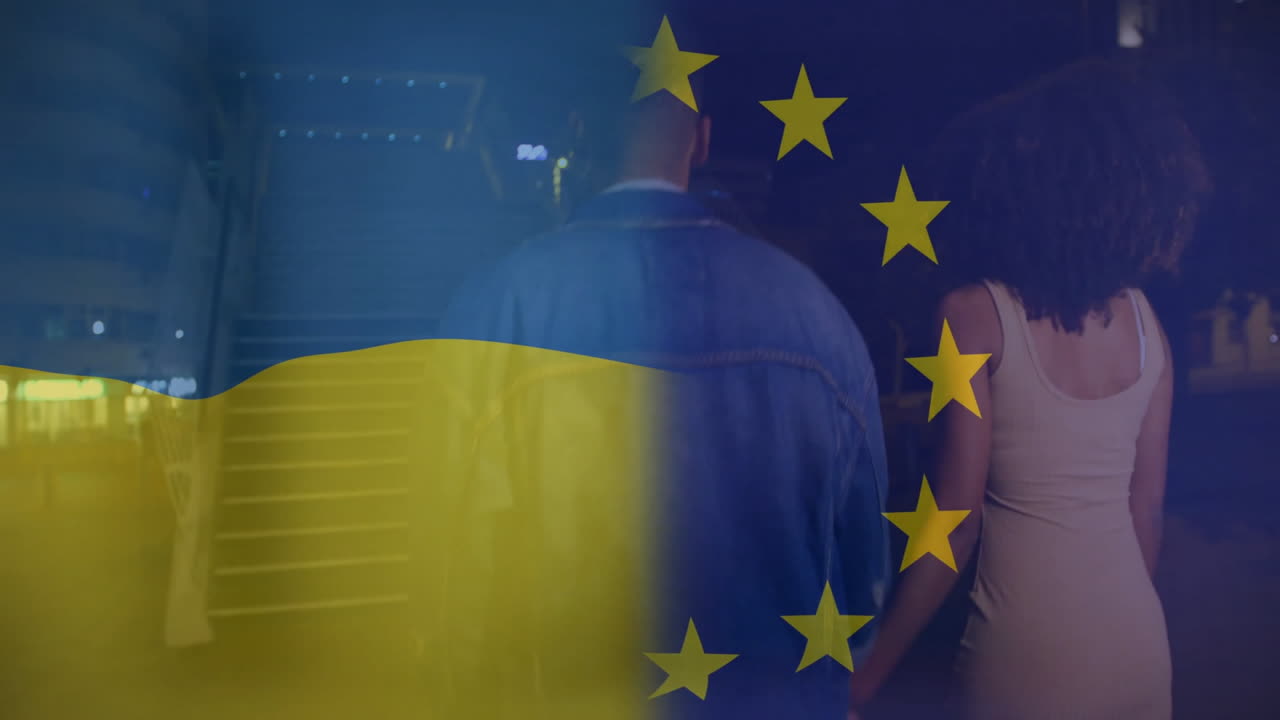 Walking at night, couple with Ukraine and EU flags in animated overlay