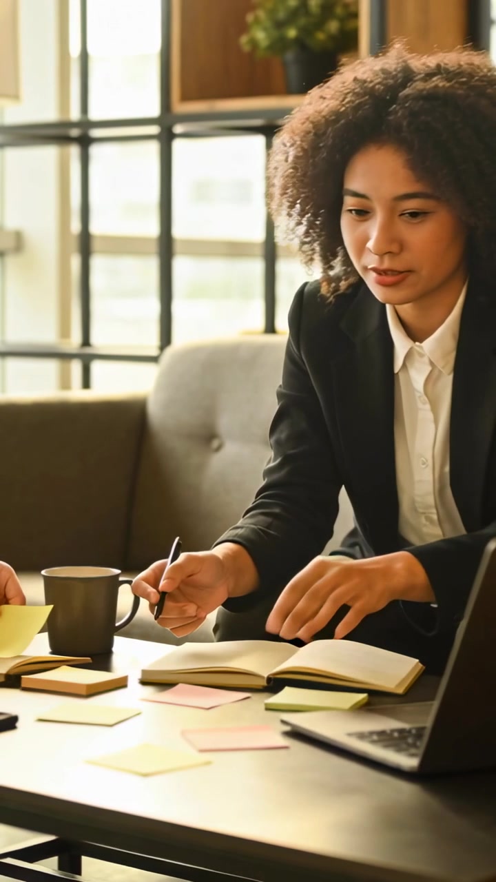 Vídeo vertical: Mulher de blazer escrevendo, organizando post-its, compartilhando anotações com a equipe no sofá, com espaço para texto