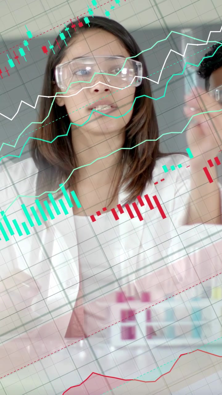 Vertical video: Lab tech speaking initiating lifting studying vial while finance charts overlaying
