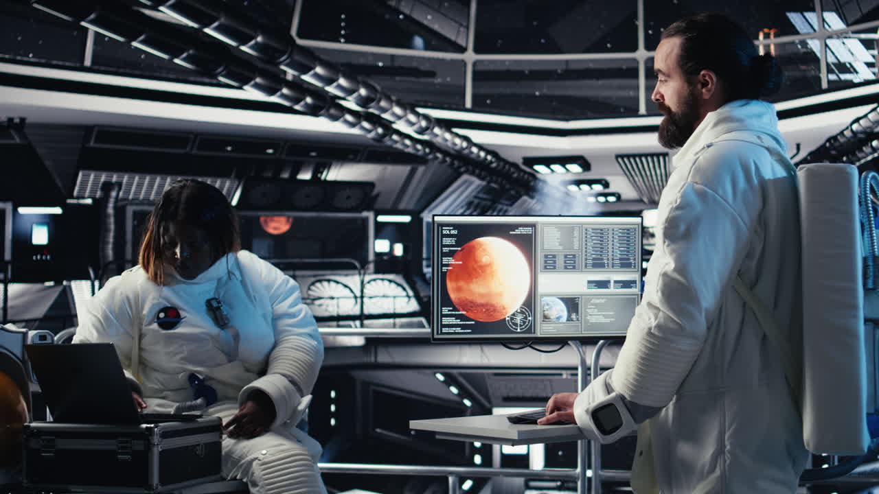 Astronaut looking at planet visualization before stepping out of space station