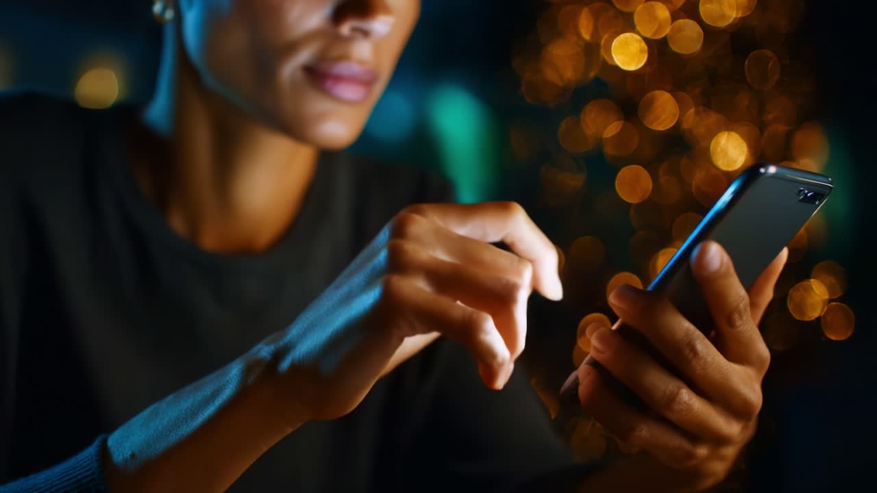 A close-up view of a woman interacting with her smartphone, illuminated by soft light amidst a backdrop of festive bokeh, highlighting connection and technology