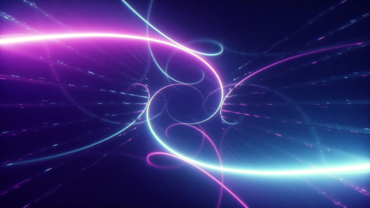 vuelo abstractamente colorido en un corredor futurista con una espiral de láser brillante, bucle sin costuras de fondo 4k, luz ultravioleta fluorescente, túnel geométrico infinito, espectro rosa azul, renderizado en 3d