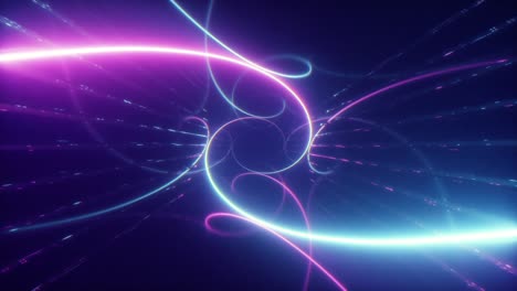 abstract colorful flight in a futuristic corridor with a glowing laser spiral, seamless loop 4k background, fluorescent ultraviolet light, geometric infinite tunnel, blue pink spectrum, 3d render