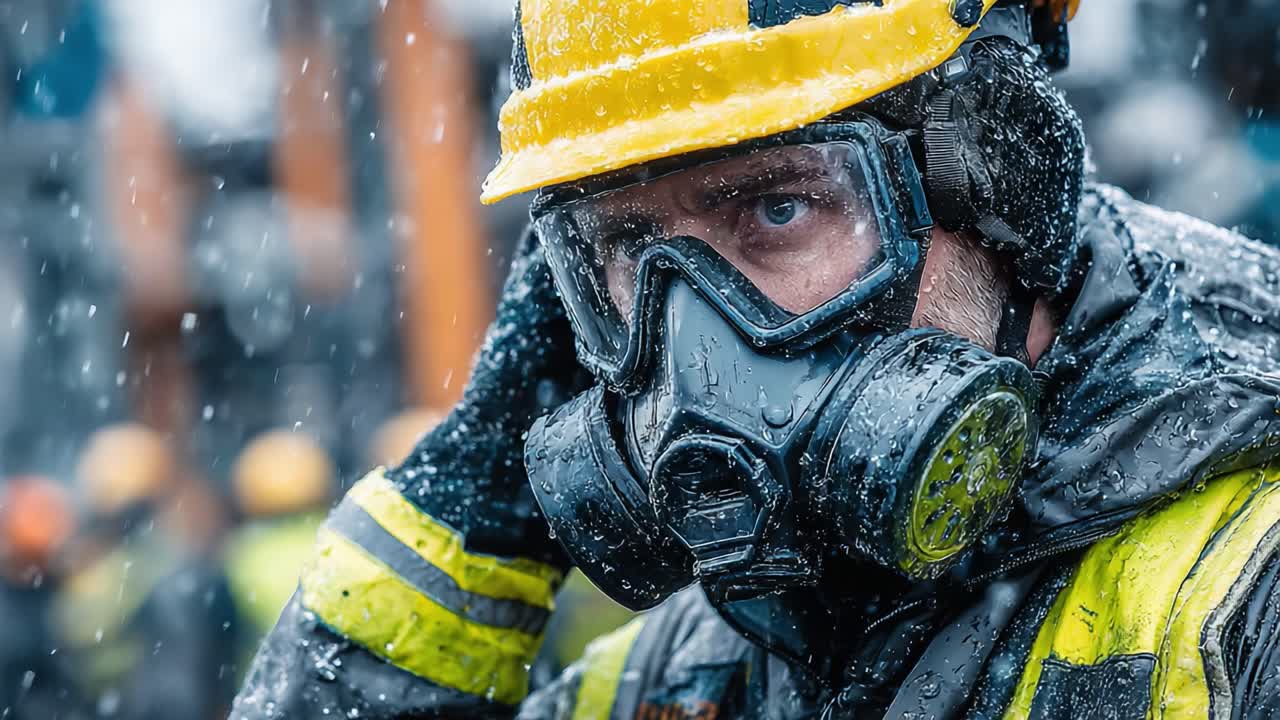 A focused industrial worker wearing a protective mask and helmet, braving challenging weather conditions as rain blurs the background, exemplifying dedication and safety in tough environments
