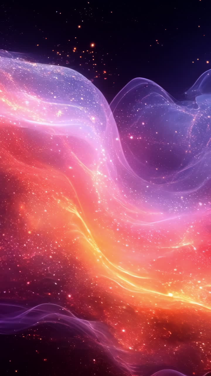 A colorful, swirling galaxy of purple, orange, and blue. The colors are vibrant and the image is full of energy