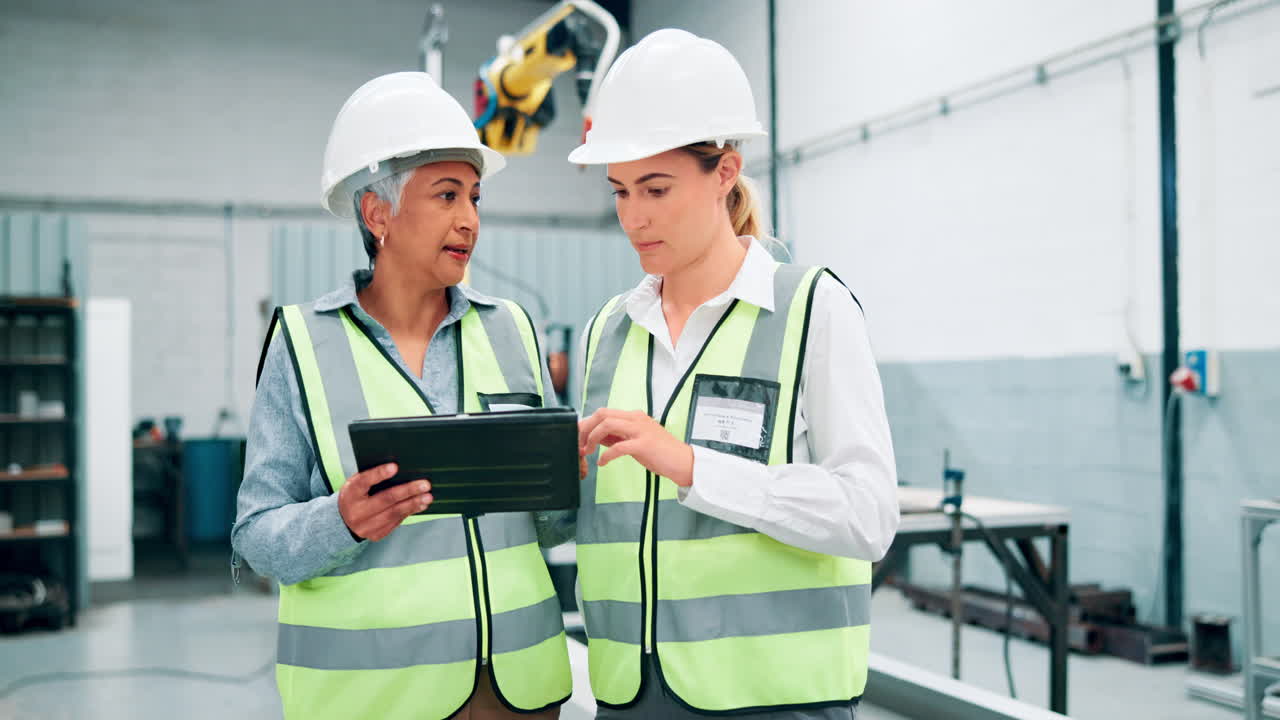 trabajadoras de una fábrica discutiendo una tableta en un entorno de fabricación