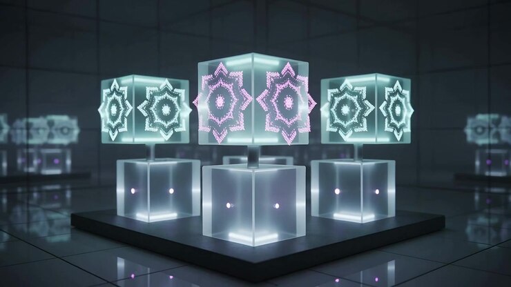 Sei cubi luminosi che emettono luce ciano in una galleria con particelle che salgono verso motivi magenta per esposizione