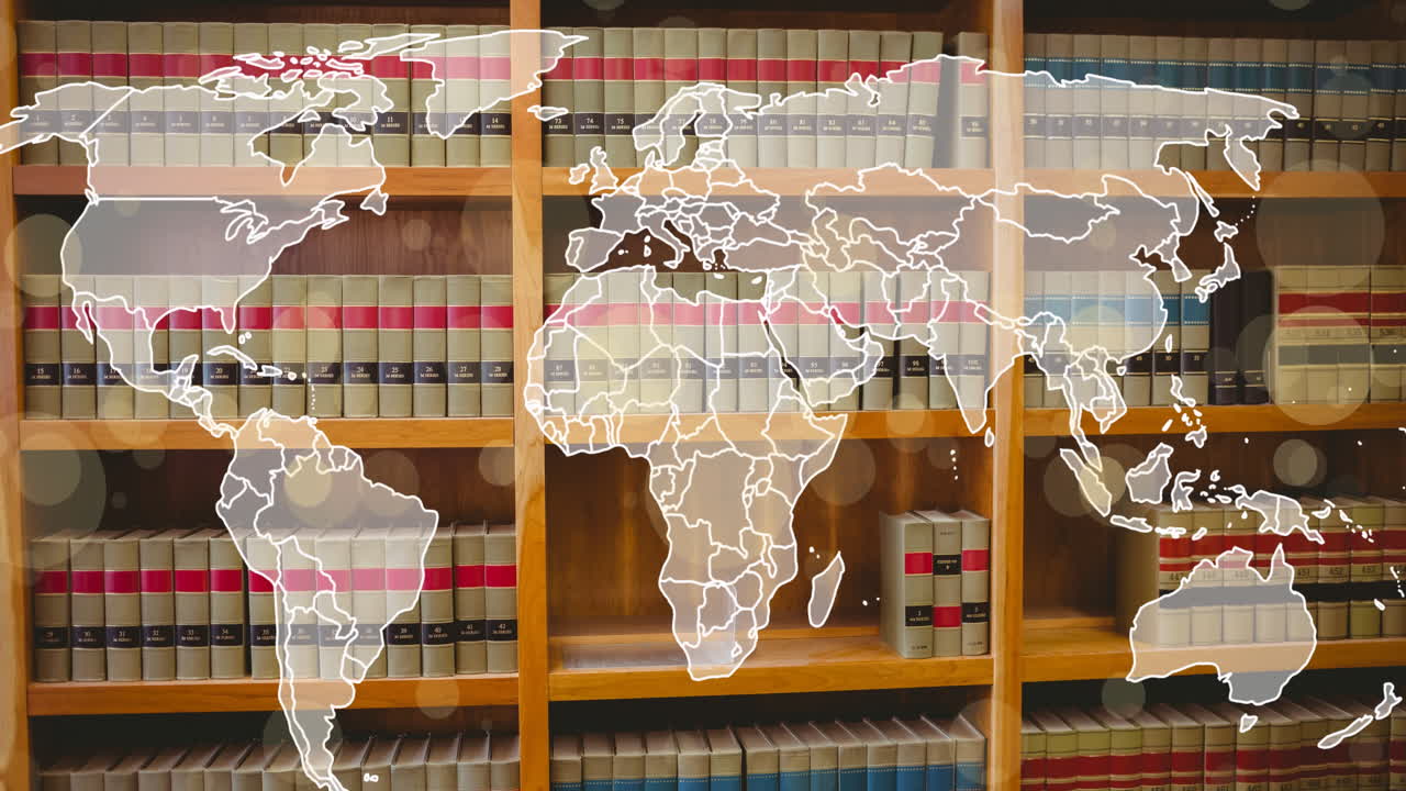 Animation of spots and world map over books in library