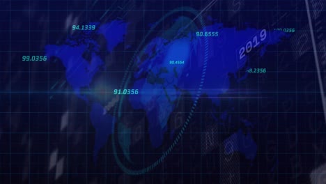 animation of world map and financial data processing over black background