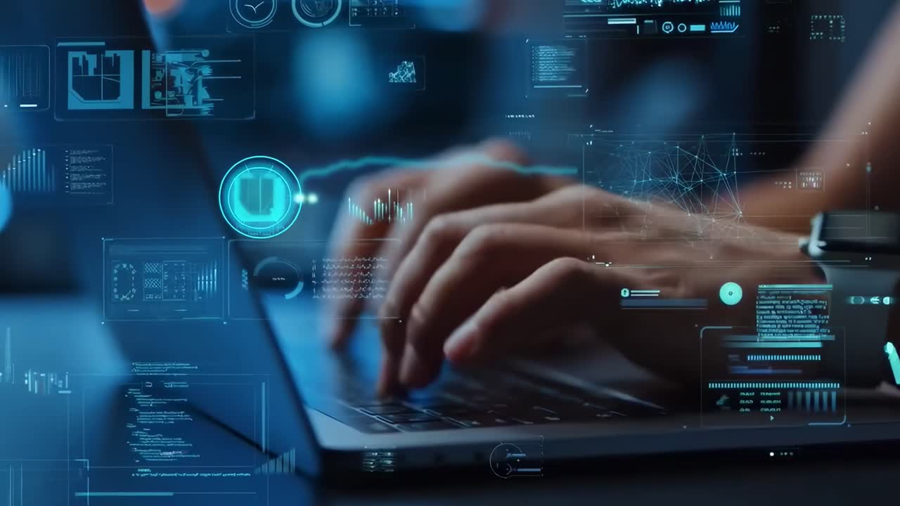 Close-up angle of hands typing on a laptop with digital overlays, video editing concept