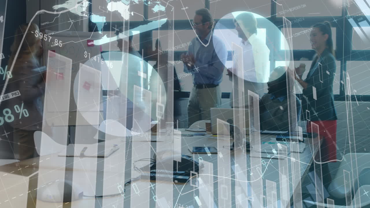 Digital composition of financial data processing against business people working in office