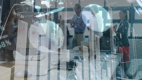 digital composition of financial data processing against business people working in office