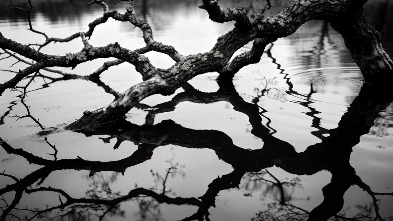 Ramo nodoso che si estende attraverso lo stagno, con lievi increspature della brezza che distorcono il riflesso.