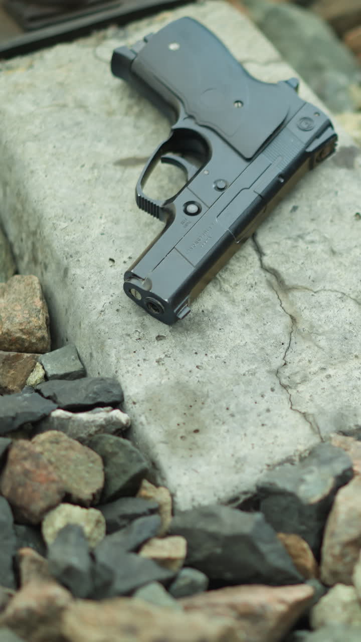 una vista de cerca de una pistola colocada en la base de hormigón de una vía ferroviaria rodeada de rocas, con un fondo borroso