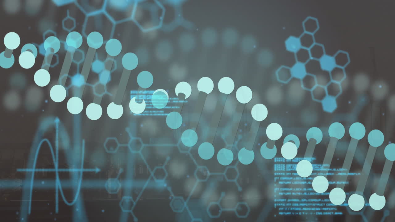 DNA double helix moving across animated illustration, showing hexagonal structures and glowing code