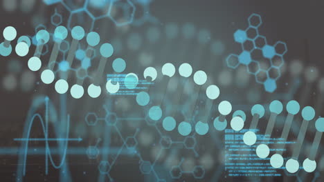 dna double helix moving across animated illustration, showing hexagonal structures and glowing code