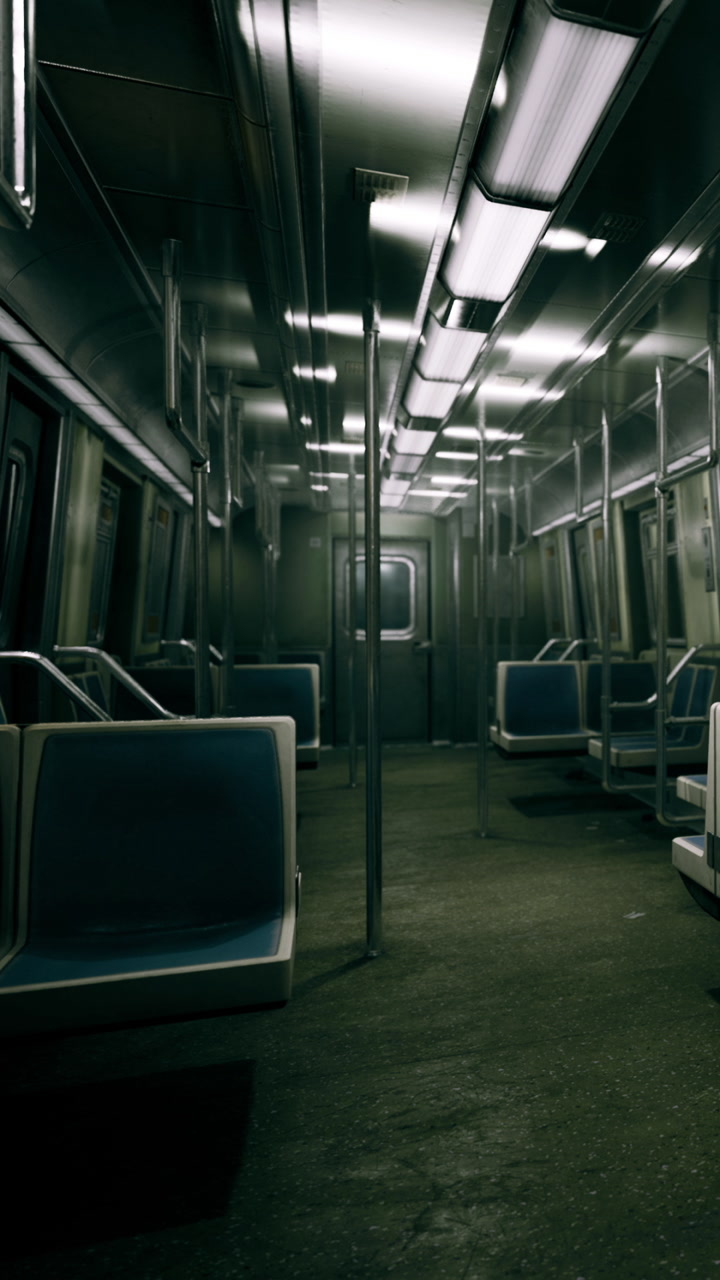 Empty subway train car evokes a sense of isolation and quietness at night