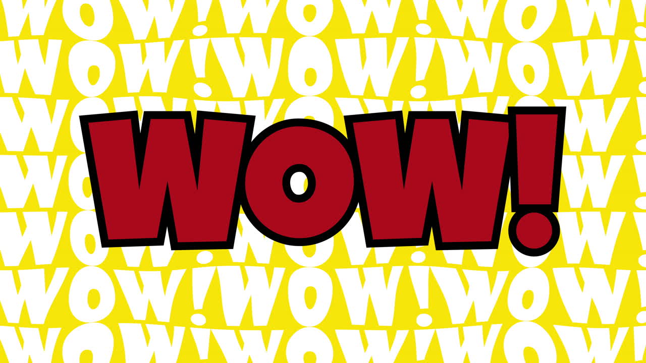 el mensaje de texto wow apareciendo con un efecto de rebote, sobre un fondo en movimiento charco de caracteres