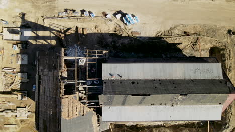 top down demolition of historic roof before restoration, aerial shot