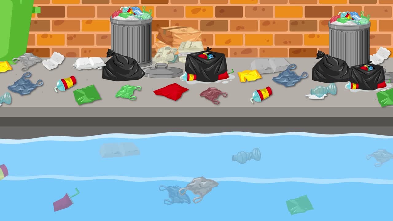 쓰레기는 도시 전체의 쓰레기통 주위에 축적됩니다.