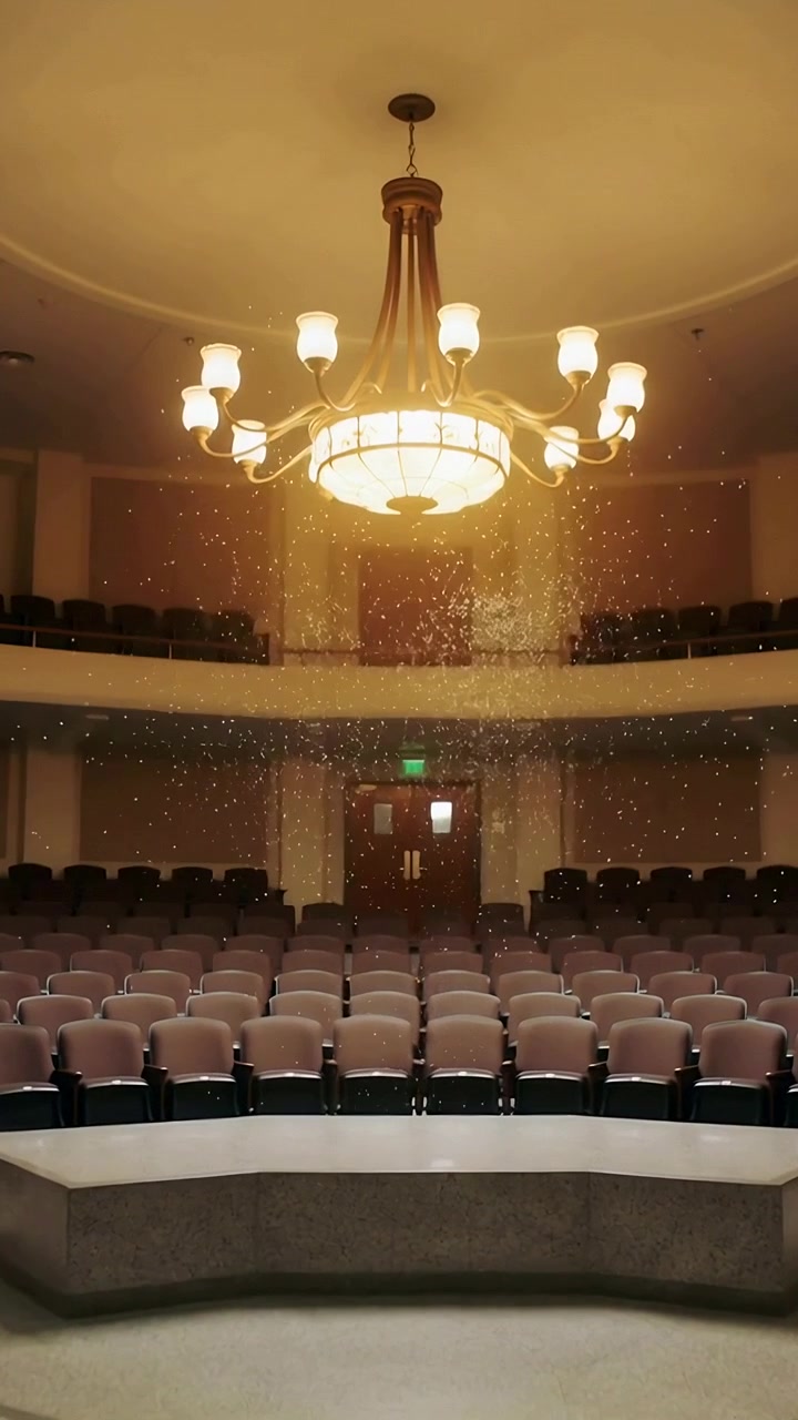 Video verticale: Ripresa del palco che mostra un lampadario che proietta particelle luminose sui posti a sedere dell'auditorium