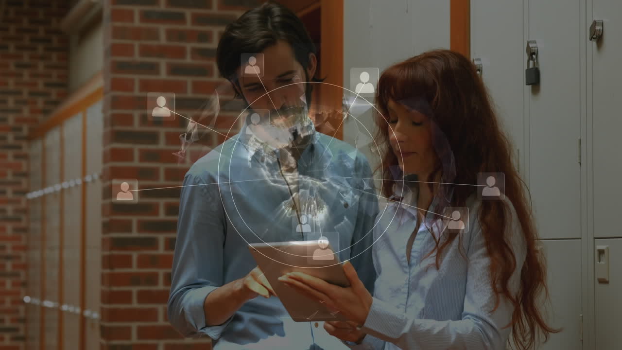 animación de la red de conexiones con las personas iconos sobre los estudiantes