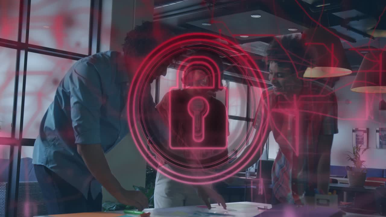 Three coworkers designing around table with swatches, red lock overlay appearing and pausing review
