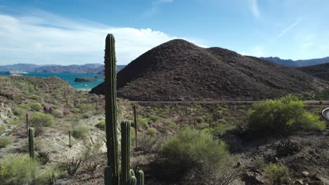 bahia concepcion, baja california sur, mexico - a vista encompassing the sea and desert landscape - drone flying forward