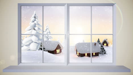 Window-showing-snow-falling-on-village